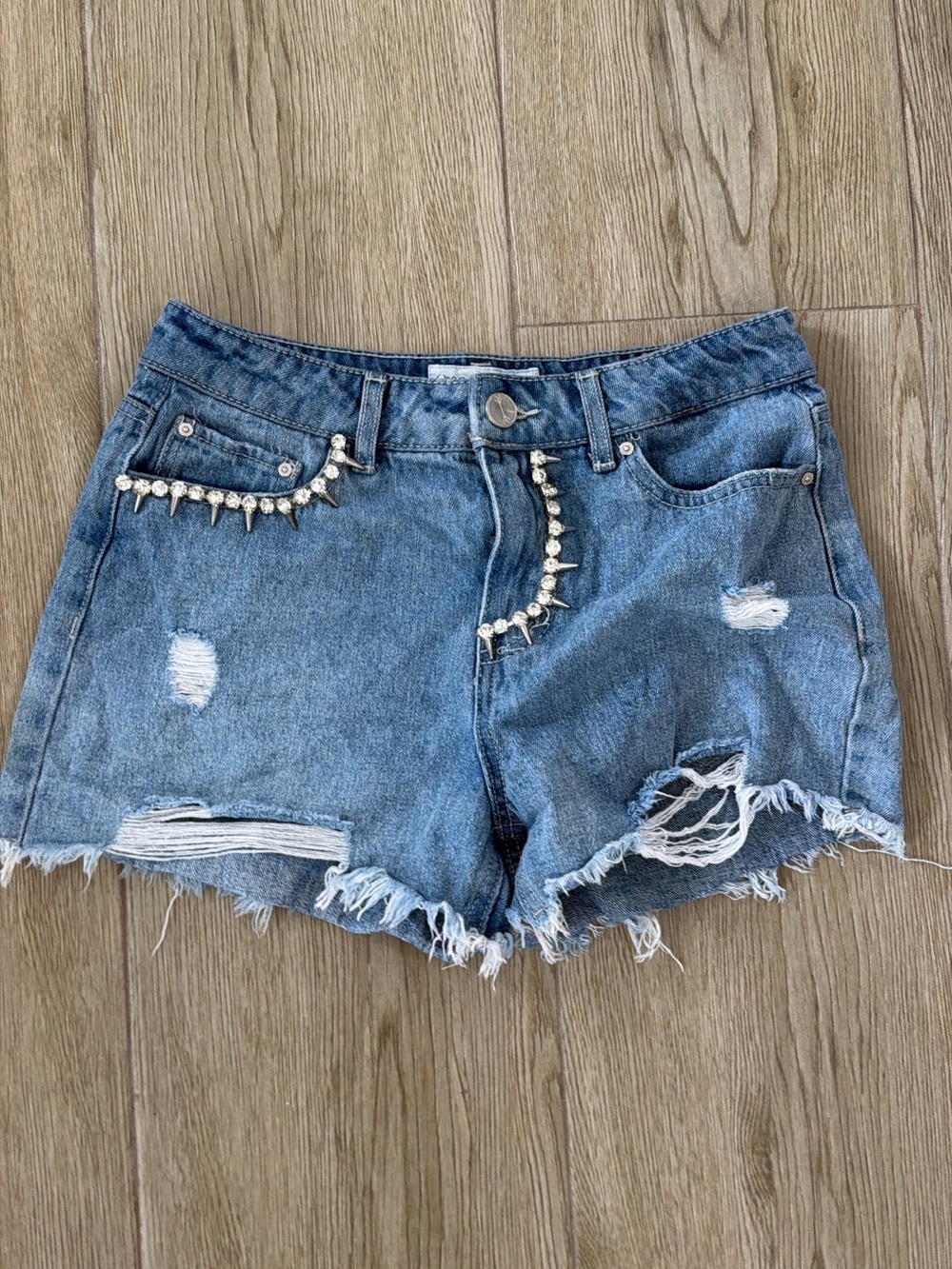 Banjara Rhinestone Spike Embellished Distressed Denim Jean Shorts 7/27 Cotton